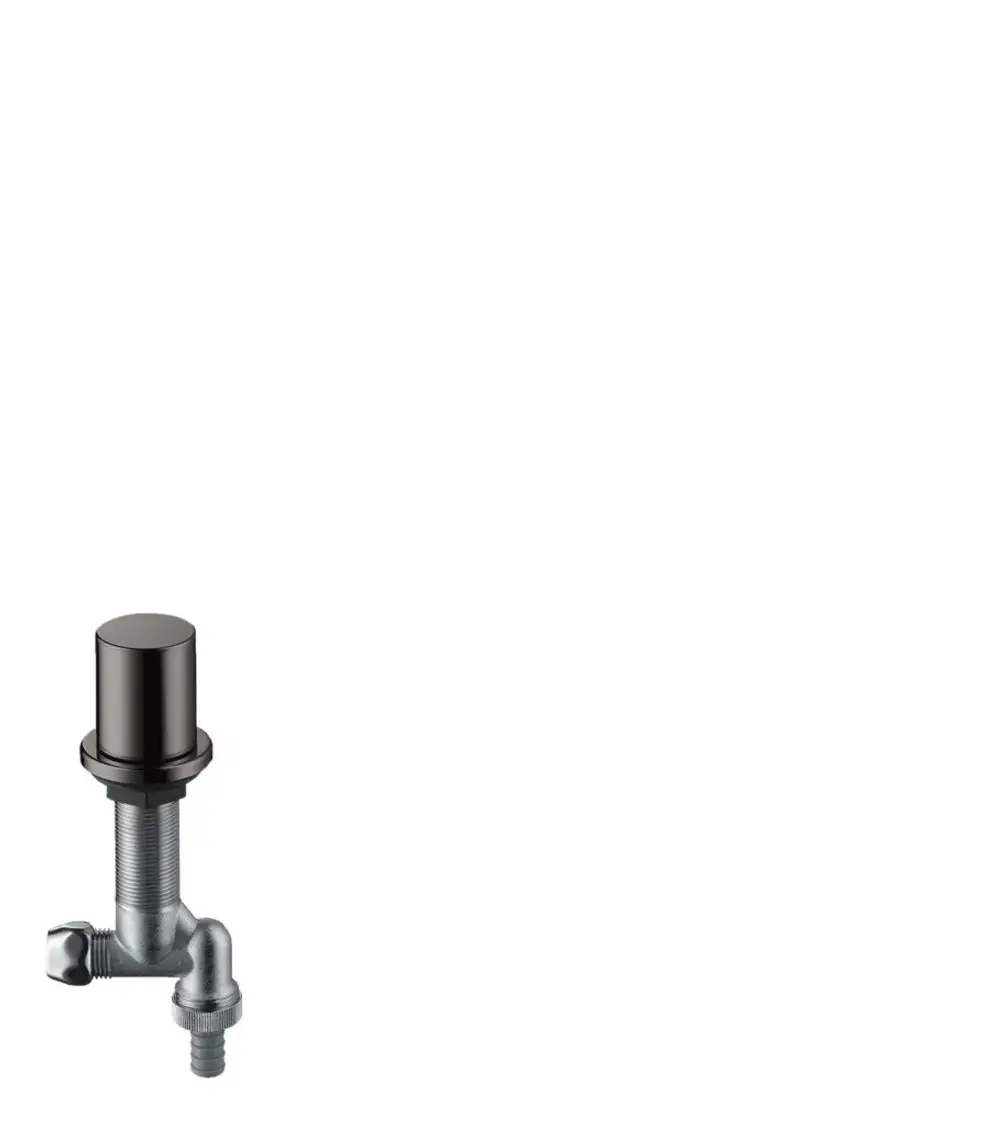 Küchen-Geräteabsperrventil in Polished Black Chrome von Hansgrohe. Das Ventil hat einen geraden Anschluss mit seitlichem Abgang und einem runden Deckel.